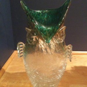 Vase Hand Blown Glass Owl Shape Crackled Art Glass by HQT New